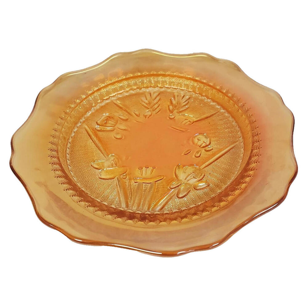 VTG USA Jeannette Carnival Marigold Glass Iris & Herringbone Pattern Plate